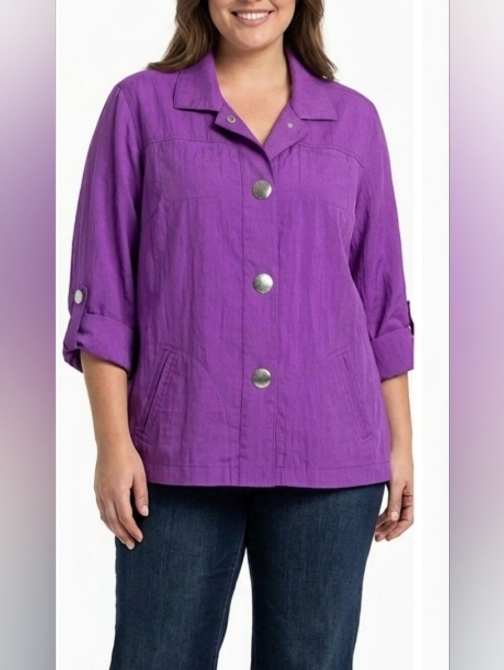 Chico's Purple Snap Front Trench Jacket 3/4 Roll Up Sleeves 3/XL